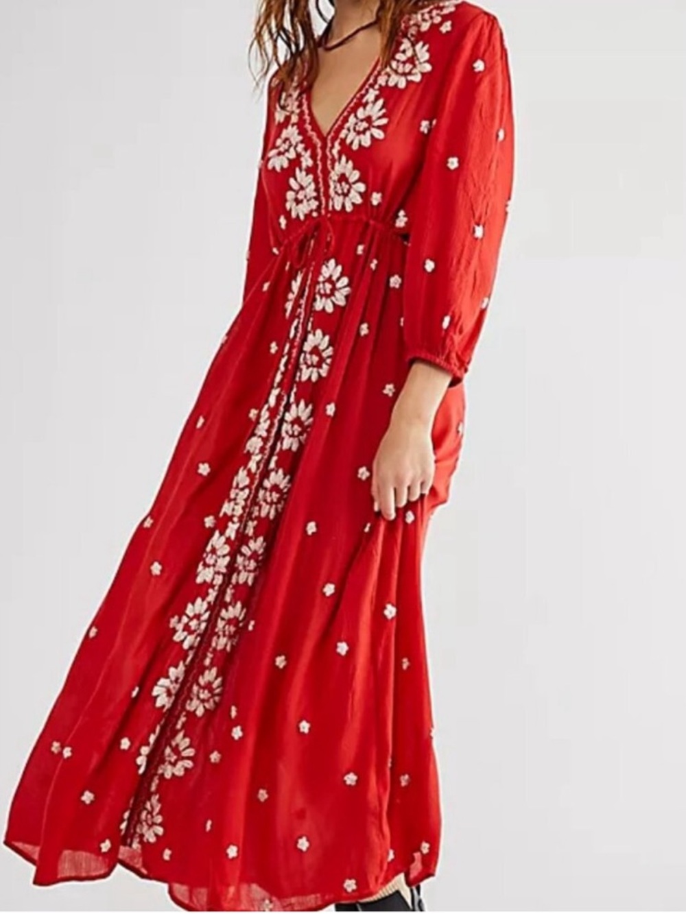 Free People Embroidered Fable Boho Midi Dress 3/4 Sleeve